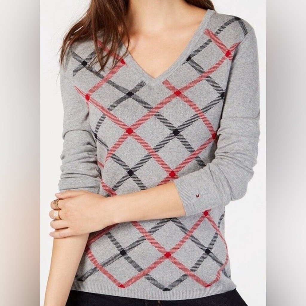 Tommy Hilfiger Women’s Long Sleeve Sweater Gray V-Neck Size Large